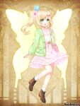 1girl :d bag bangs blonde_hair bobby_socks bow brown_footwear butterfly_wings character_request copyright_name crystal_hair_ornament dress flower frilled_dress frills full_body glowing glowing_wings green_eyes green_jacket hair_bow hair_flower hair_ornament hairclip hand_up holding_strap jacket long_hair long_sleeves looking_at_viewer open_clothes open_jacket pandora_party_project pink_bow pink_dress pink_flower puffy_long_sleeves puffy_sleeves shikito shoes shoulder_bag side_ponytail sleeves_past_wrists smile socks solo swept_bangs white_socks wings yellow_wings 