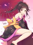  1girl black_hair black_kimono blush breasts brown_eyes brown_hair character_name falling_petals floral_print from_behind hair_bun hair_ornament hand_on_own_chin idolmaster idolmaster_cinderella_girls idolmaster_cinderella_girls_starlight_stage japanese_clothes kanzashi kimono leaning_on_object long_hair looking_at_viewer looking_back medium_breasts momoi_azuki obi obijime off_shoulder oil-paper_umbrella petals ponytail qixi_cui_xing sash single_hair_bun smile solo tongue tongue_out umbrella zouri 