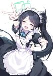  1girl apron aris_(blue_archive) aris_(maid)_(blue_archive) black_hair blue_archive closed_eyes halo highres maid maid_apron maid_headdress official_alternate_costume official_alternate_hairstyle ponytail simple_background smile solo sweat v white_background you_guo_chaocai 