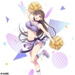  1girl black_bow bow breasts brown_hair cheerleader crop_top elfine_phillet hair_ornament holding holding_pom_poms large_breasts long_hair looking_at_viewer midriff miniskirt navel non-web_source official_art pom_pom_(cheerleading) purple_eyes seiken_gakuin_no_maken_tsukai skirt standing standing_on_one_leg 