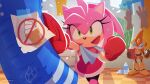  1girl amy_rose bottle boxing_gloves checkered_floor clipboard commentary_request dress emerl_(sonic) flying_sweatdrops furry furry_female gloves green_eyes holding holding_clipboard pink_fur punching_bag rain red_dress robot smile sonic_(series) sonic_battle sweat uno_yuuji water_bottle window 