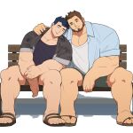  2boys bara calf closed_mouth couple deadbeatincubus forearms full_body green_shorts half-closed_eyes hand_on_another&#039;s_shoulder happy heads_together highres huge_pectorals incest large_pectorals light_blush looking_at_another male_focus mature_male multiple_boys muscular muscular_male mustache_stubble oji-mama_(skskdan) on_bench pectoral_cleavage pectorals sandals second-party_source short_hair shorts sideburns_stubble sisimaru_hoshiura sitting souichi_hoshiura spread_legs thick_beard thick_eyebrows yaoi 