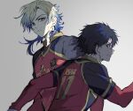  2boys black_hair black_shirt blonde_hair blue_eyes blue_hair blue_lock collared_shirt cowboy_shot gradient_hair grey_background highres isagi_yoichi long_hair long_sleeves looking_at_another looking_away male_focus michael_kaiser multicolored_hair multiple_boys neck_tattoo profile red_shirt shirt short_hair simple_background soccer_uniform sportswear standing sweat tattoo toramaru_(696anna) two-tone_hair two-tone_shirt 