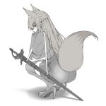  1girl absurdres animal_ear_fluff animal_ears arknights ass elbow_gloves extra_ears fox_ears fox_girl fox_tail franka_(arknights) from_behind full_body gloves greyscale hand_on_own_cheek hand_on_own_face high_heels highres kyoro_(kyoroillust) long_hair looking_at_viewer looking_back monochrome sheath sheathed shirt short_sleeves skirt solo squatting sword tail tail_through_clothes thighhighs weapon zettai_ryouiki 