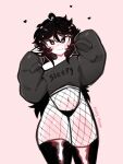  1girl :3 black_hair closed_mouth fishnets heart heart-shaped_pupils highres long_hair long_sleeves looking_at_viewer mistysnugglebug original panties pointy_ears sleepy_(mistysnugglebug) smile solo sweater symbol-shaped_pupils thick_thighs thighhighs thighs underwear 