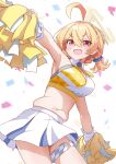  1girl ahoge armpits ascot blonde_hair blue_archive breasts cheerleader commentary detached_collar hair_between_eyes halo highres holding holding_pom_poms kirigakure_(user_yvtj2773) kotori_(blue_archive) kotori_(cheer_squad)_(blue_archive) looking_at_viewer medium_breasts midriff millennium_cheerleader_outfit_(blue_archive) navel official_alternate_costume plump pom_pom_(cheerleading) red_eyes short_hair short_twintails skirt solo thigh_strap triangle_halo twintails white_background white_skirt yellow_ascot yellow_halo 