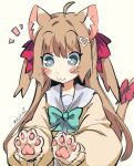  2023 :3 animal_humanoid artist_name blue_eyes cat_humanoid colored felid felid_humanoid feline feline_humanoid female green_bowtie humanoid mammal mammal_humanoid neuro_(vtuber) paccha_(artist) pawpads paws pink_pawpads red_bow simple_background solo star_eyes tail white_background 