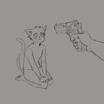  1:1 absurd_res angxlmeat anthro blush digital_drawing_(artwork) digital_media_(artwork) domestic_cat duo felid feline felis gun hi_res imminent_danger kneeling male mammal monochrome pointing_gun ranged_weapon solo_focus weapon 