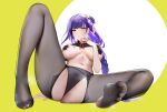  1girl areola_slip black_panties black_pantyhose breasts cross_pasties feet female_pubic_hair genshin_impact hair_ornament large_breasts legs long_hair looking_at_viewer navel omone_hokoma_agm panties pantyhose pasties pubic_hair purple_eyes purple_hair raiden_shogun see-through_panties simple_background solo thighs underwear 