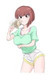  1girl alternate_eye_color arm_under_breasts bakemono_seinen banknote blunt_bangs blunt_ends blush bob_cut breasts brown_hair cleavage closed_mouth collarbone commentary contrapposto cowboy_shot cropped_legs cutoffs green_shirt grey_eyes hair_between_eyes hand_up holding holding_money inverted_bob large_breasts leaning_forward light_blush looking_at_object money pink_shirt ranma_1/2 shirt short_hair short_shorts short_sleeves shorts simple_background smile solo t-shirt tendou_nabiki thighs white_background white_shorts 