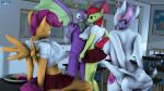  3d_(artwork) accessory anthro anthrofied apple_bloom_(mlp) bottomwear bow_ribbon breasts bulge butt clothed clothing cutie_mark daveman1000 digital_media_(artwork) dragon equid equine feathered_wings feathers female friendship_is_magic fully_clothed green_eyes group hair hair_accessory hair_bow hair_ribbon hasbro hi_res horse inside male male/female mammal multicolored_hair my_little_pony open_clothing open_shirt open_topwear orange_body orange_eyes pony purple_eyes purple_hair rear_view red_hair ribbons scootaloo_(mlp) shirt side_boob skirt sweetie_belle_(mlp) topwear undressing white_body wide_eyed wings 