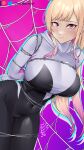  1girl arms_behind_back artist_name blonde_hair blush bodysuit bound bound_arms breasts closed_mouth colored_tips cosplay covered_navel damobelmont ear_piercing earrings english_commentary gwen_stacy highres hood hooded_bodysuit jewelry kitagawa_marin large_breasts marvel multicolored_hair multiple_piercings patreon_logo piercing pink_eyes pink_hair purple_background silk solo sono_bisque_doll_wa_koi_wo_suru spider-gwen spider-gwen_(cosplay) spider-man:_across_the_spider-verse spider-man_(series) spider_web twitter_logo two-tone_bodysuit two-tone_hair 