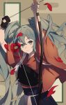  1girl absurdres archery arms_up arrow_(projectile) black_hakama bow_(weapon) brown_background calligraphy_scroll camellia chinese_commentary closed_mouth commentary_request cowboy_shot drawing_bow dutch_angle efenberg egasumi expressionless floating_hair flower gloves grey_eyes grey_hair hakama hatsune_miku highres holding holding_bow_(weapon) holding_weapon japanese_clothes kimono kyuudou long_hair looking_at_viewer mani_mani_(vocaloid) muneate orange_kimono partially_fingerless_gloves petals red_flower solo tasuki twintails very_long_hair vocaloid weapon wide_sleeves yugake 