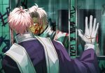  absurdres alma_(yumekuro) bathroom blood blood_on_face cassock closed_mouth cross facing_away graffiti hand_on_mirror haruakira highres mirror orange_eyes pink_hair priest reflection short_hair stole upper_body yume_shokuin_to_wasureji_no_kuroi_yousei 