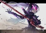  1girl absurdres armor black_bodysuit bodysuit duel_monster grey_hair headgear highres holding long_hair pilot_suit skin_tight sky_striker_ace_-_roze solo sword twintails weapon yu-gi-oh! zealmaker 