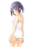  1girl ass brown_eyes casual_one-piece_swimsuit cowboy_shot flat_chest frilled_one-piece_swimsuit frills from_behind highres looking_at_viewer looking_back one-piece_swimsuit original purple_hair shibacha short_hair simple_background solo swimsuit twintails white_background white_one-piece_swimsuit 