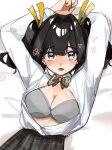  1girl absurdres arms_up black_eyes black_hair blush bow bowtie bra breasts center_opening cleavage collared_shirt fang grey_bra hair_intakes highres long_sleeves looking_at_viewer lying medium_breasts medium_hair mole mole_under_mouth on_back open_mouth original shirt shirt_tucked_in solo twintails u_no_nijiart underwear upper_body white_shirt 