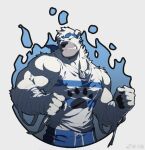  1boy bandaid bandaid_on_face bandaid_on_nose bara bear_boy ben_(rollingstonex6) blue_headband clenched_hands cropped_torso dog_tags fighting_stance frown furry furry_male headband large_pectorals looking_to_the_side male_focus mature_male midriff_peek muscular muscular_male original paw_print pectorals print_shirt rollingstonex6 shirt short_hair solo tank_top thick_eyebrows white_fur white_hair white_tank_top 