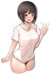  1girl black_hair black_panties blush breasts collarbone cropped_legs flying_sweatdrops highres idolmaster idolmaster_cinderella_girls large_breasts looking_at_viewer mebunryo_(mebunryo2) panties shirt short_hair simple_background smile solo takafuji_kako underwear waving white_background white_shirt 