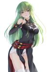  1girl absurdres belt black_dress boots breasts budgiepon c.c. code_geass commentary_request detached_sleeves dress finger_to_mouth gold_trim green_hair highres index_finger_raised long_hair looking_at_viewer medium_breasts multiple_belts red_belt short_shorts shorts shushing simple_background solo thigh_boots very_long_hair white_background white_shorts yellow_eyes 