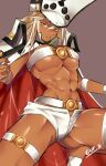  1girl abs artist_name belt belt_bra blonde_hair breasts cape collarbone collared_cape dark-skinned_female dark_skin got_ji_(gojich1) grey_background guilty_gear guilty_gear_strive guilty_gear_xrd hair_between_eyes hat highres long_hair looking_at_viewer medium_breasts micro_shorts midriff navel orange_eyes ramlethal_valentine red_cape shorts simple_background solo stomach thigh_strap thighs toned two-tone_cape underboob white_belt white_cape white_headwear 