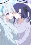  2girls blue_archive blue_hoodie blush breasts grey_hair halo highres hood hoodie large_breasts long_hair long_sleeves mechanical_halo multiple_girls noa_(blue_archive) one_eye_closed open_mouth purple_eyes purple_hair purple_hoodie seno_(senohime) smile yuuka_(blue_archive) 