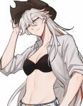  1girl ahoge black_bra blue_eyes bra breasts brown_headwear cleavage closed_mouth collarbone collared_shirt cowboy_hat grey_hair hair_between_eyes hand_on_headwear hat highres honkai_(series) honkai_impact_3rd kiana_kaslana kiana_kaslana_(herrscher_of_flamescion) light_blush linea_alba long_hair looking_at_viewer medium_breasts multicolored_hair navel open_clothes open_shirt red_hair riejiu shirt simple_background solo stomach streaked_hair sweat two-tone_hair underwear upper_body very_long_hair white_background white_shirt wing_collar 