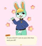  2023 animal_crossing anthro balls blonde_hair bottomless clothed clothing dialogue english_text fur genitals green_body green_fur hair hi_res lagomorph leporid lurkin male mammal nintendo open_mouth open_smile penis rabbit sasha_(animal_crossing) simple_background smile solo text text_box 