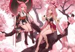  2girls animal_ears black_footwear black_gloves boots braid breasts center_frills closed_mouth commentary cross-laced_footwear dress elysia_(herrscher_of_human:ego)_(honkai_impact) elysia_(honkai_impact) english_commentary flower frilled_sleeves frills gloves hair_between_eyes high_heel_boots high_heels highres hollyyn honkai_(series) honkai_impact_3rd in_tree knee_boots lace-up_boots long_hair long_sleeves medium_breasts multiple_girls obi parted_lips petals pink_flower pink_hair puffy_long_sleeves puffy_sleeves purple_eyes sash shirt shoes simple_background sitting sitting_in_tree sleeveless sleeveless_shirt smile swept_bangs tree very_long_hair white_background white_dress white_footwear white_shirt wide_sleeves yae_sakura 