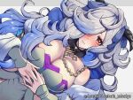  1girl absurdres blue_hair blush boris_(noborhys) breasts cleavage closed_mouth collar dress eitr_(fire_emblem) fire_emblem fire_emblem_heroes frown grey_hair hair_over_one_eye highres horns large_breasts long_hair multicolored_hair own_hands_together red_eyes solo very_long_hair wavy_hair 