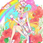 1girl blonde_hair blush bow choker commentary_request cure_summer earrings fingerless_gloves flower gloves green_eyes hair_flower hair_ornament hoppetoonaka3 jewelry kururun_(precure) long_hair looking_at_viewer magical_girl midriff multicolored_hair natsuumi_manatsu open_mouth pink_hair precure rainbow side_ponytail skirt smile tropical-rouge!_precure white_gloves 