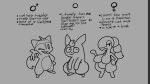  ambiguous_gender big_breasts breasts character_bio character_introduction curled_hair digitigrade english_text fakemon female group hair introduction kasa_beanie male model_sheet monochrome nameless_character nippleless ponytail_(hair) reference_image shy tail text trio wide_hips 