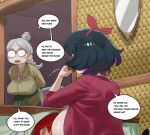  1boy 2girls ball black_hair bowl breasts clothes_lift commentary eating english_text enta_(nia) food glasses grandmother_and_granddaughter grey_hair hairband highres indoors kotatsu multiple_girls nia_(nia4294) old old_woman opaque_glasses open_clothes open_shirt original purple_hair red_hairband red_shirt rug segmented_comic shirt shirt_lift short_hair speech_bubble symbol-only_commentary table typo under_kotatsu under_table yellow-framed_eyewear 