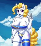  anthro areola areola_slip big_breasts blonde_hair breasts clothing cloud cutie_mark equid equine female gesture hair hasbro hi_res horse leg_accessory legwear long_hair long_tail looking_at_viewer mammal midriff multicolored_clothing my_little_pony navel open_mouth outside pegasus pony purple_eyes sky solo standing surprise_(pre-g4) tail thigh_highs v_sign white_body wings yellow_tail zachc 