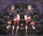  2girls :3 :d artist_name avatar_(ff11) bat_(animal) bat_wings black_gloves black_socks black_tail blonde_hair blue_eyes breasts brown_hair cactus41747280 claw_pose closed_mouth colored_eyelashes dated demon_tail final_fantasy final_fantasy_xi fingerless_gloves fingernails fringe_trim gloves halloween hands_up highres hood hood_up jack-o&#039;-lantern leg_up lightning mandragora_(final_fantasy) medium_breasts mithra_(ff11) multiple_girls nail_polish no_eyebrows orange_nails parted_bangs polearm pumpkin purple_wings smile socks standing standing_on_one_leg tail tail_raised toeless_legwear toenail_polish toenails trident weapon wings 