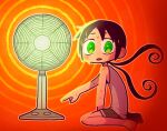  1girl arm_support barefoot black_hair blush_stickers commentary curly_hair electric_fan floating_hair from_side full_body green_eyes grey_tank_top heater highres hunched_over long_hair looking_at_viewer looking_to_the_side low_twintails open_mouth orange_background original pointing ringed_eyes screentones sidelighting sitting solo sweat takurada tank_top twintails very_sweaty wariza wide-eyed 