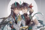  2boys aqua_eyes black_hair chinese_clothes dan_heng_(honkai:_star_rail) dan_heng_(imbibitor_lunae)_(honkai:_star_rail) dragon_boy dragon_horns earrings holding honkai:_star_rail honkai_(series) horns jewelry leaf male_focus maple_leaf multiple_boys official_alternate_costume official_alternate_hairstyle pointy_ears rain siblings twins upper_body yu_(marmalade) 