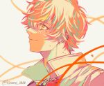  1boy blonde_hair closed_mouth commentary_request ear_piercing earrings find_a_way_out_(project_sekai) high_collar highres jewelry kinomi_3030 male_focus multicolored_hair orange_eyes orange_hair piercing project_sekai shinonome_akito short_hair solo streaked_hair twitter_username 