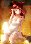  1girl absurdres alternate_hairstyle animal_ears blurry blurry_background blush breasts cheesecake_(artist) cleavage commentary_request highres horse_ears horse_girl horse_tail lamp looking_at_viewer looking_back medium_breasts medium_hair naked_towel nice_nature_(umamusume) onsen red_hair ryokan sitting smile solo steam tail towel umamusume wall wet 