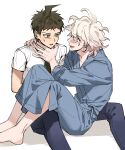  2boys ahoge blue_pants blush brown_hair danganronpa_(series) danganronpa_2:_goodbye_despair eye_contact green_necktie grey_hair gu_(cubtable) highres hinata_hajime hospital_gown knees_up komaeda_nagito looking_at_another messy_hair multiple_boys necktie open_mouth pants saliva shirt short_hair simple_background sitting strangling sweatdrop white_background white_shirt 