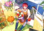  1boy amagi_rinne apron blue_pants closed_eyes collared_shirt commentary ensemble_stars! flower grass holding holding_flower holding_flower_pot male_focus open_mouth orange_apron pants pink_flower plant potted_plant purple_flower red_hair riri_(artist) shirt short_hair sitting sleeves_rolled_up solo twitter_username yellow_flower 
