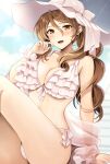  1girl aquila_(kancolle) bikini blush breasts brown_eyes brown_hair cleavage frilled_bikini frills front-tie_bikini_top front-tie_top hat highres kantai_collection large_breasts looking_at_viewer navel outdoors pink_bikini ponytail scrunchie side-tie_bikini_bottom smile solo sun_hat swimsuit upper_body wrist_scrunchie yunamaro 