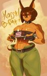  2023 5_fingers abs anthro bandeau belt belt_collar biceps big_breasts birthday birthday_cake bottomwear breasts brown_body brown_fur brown_hair cake canid canine canis cleavage clothed clothing dessert dobermann dog_knight_rpg domestic_dog female fingerless_gloves fingernails fingers food fur gloves hair handwear hi_res holding_object holding_weapon kalivero looking_at_viewer mammal midriff muscular muscular_female nails navel orange_eyes pants pawpads pinscher rory_(ceehaz) serratus sharp_fingernails sharp_nails short_hair signature solo standing topwear weapon 