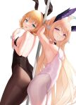  2girls absurdres ahoge animal_ears aqua_eyes armpits ass-to-ass back-to-back backless_outfit black_leotard black_pantyhose blonde_hair breasts cowboy_shot detached_collar enna_alouette fake_animal_ears finger_to_mouth grin head_wings highres leotard long_hair millie_parfait multiple_girls nijisanji nijisanji_en pantyhose playboy_bunny purple_eyes rabbit_ears short_hair sideboob simple_background sleepypudding small_breasts smile strapless strapless_leotard stripper_pole very_long_hair white_background white_leotard white_pantyhose wings wrist_cuffs 