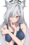  1girl animal_ear_fluff animal_ears black_halo blue_archive blue_eyes breasts broken_halo cleavage competition_swimsuit cross_hair_ornament dark_halo diamond-shaped_pupils diamond_(shape) extra_ears grey_hair hair_ornament halo highres large_breasts long_hair mismatched_pupils one-piece_swimsuit shiroko_(blue_archive) shiroko_(swimsuit)_(blue_archive) shiroko_(terror)_(blue_archive) solo swimsuit symbol-shaped_pupils umibudou wolf_ears 