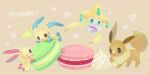  bowl brown_eyes brown_fur eevee english_text flag food green_eyes hachi_gm heart holding holding_bowl icing jirachi light_brown_background macaron minun no_humans open_mouth oversized_food plusle pokemon pokemon_(creature) smile tanzaku tongue tongue_out twitter_username 