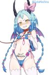  1girl :&lt; animal_collar artist_name backpack bag bdsm belt_collar bikini blue_hair blush body_writing bow braid cleft_of_venus clenched_teeth collar commentary condom condom_in_clothes condom_wrapper crying crying_with_eyes_open cutiemachina dragon_girl english_commentary eyepatch_bikini highleg highleg_panties highres horns leash looking_at_viewer madeleine_(dragon&#039;s_dogma) mesugaki name_tag navel open_mouth panties re:zero_kara_hajimeru_isekai_seikatsu simple_background slave solo standing swimsuit tears teeth thighhighs twin_braids underwear used_condom yellow_eyes 