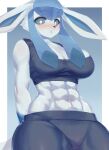  2022 abs anthro big_breasts black_nose blue_body blue_fur blue_sclera blush blush_lines bra breasts clothing digital_media_(artwork) eeveelution eyebrows female front_view fur generation_4_pokemon glaceon hi_res long_ears looking_at_viewer miyanokoko muscular muscular_anthro muscular_female navel nintendo pokemon pokemon_(species) simple_background solo sports_bra sportswear underwear 