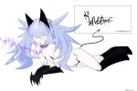  1girl animal_ears black_tail blue_hair breasts claws clothing_request collar crossed_bangs fang full_body highres light_blue_hair long_hair looking_at_viewer lying metal_collar on_side open_mouth original pale_skin pasties simple_background small_breasts solo translation_request twintails vlm_(_killing_me_) white_background yellow_eyes 