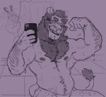  2023 2_horns anthro arm_hair biceps blush body_hair bottomless bottomless_anthro bottomless_male cellphone chest_hair clawed_fingers claws clothed clothing cropped curtains dot_eyes dragon duo felid flexing flexing_bicep fur hair happy_trail holding_object holding_phone horn leg_hair lion looking_at_another looking_at_viewer male mammal monochrome muscular muscular_anthro muscular_male nipples one_eye_closed open_mouth orion_(xeoniios) pantherine pecs phone photo ryzz_(xeoniios) scalie selfie sketch smile steam tail teeth topless topless_anthro topless_male tuft wet wet_body whiskers wink xeoniios 